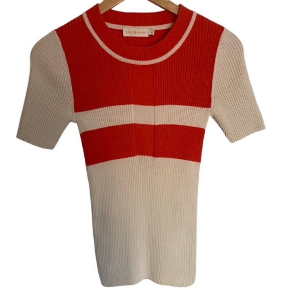 Tory Burch Orange & Cream Ribbed Top Small